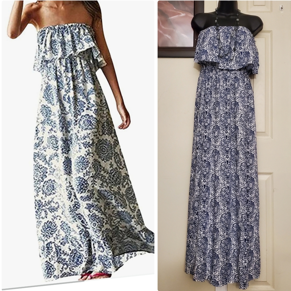 New Strapless Boho Summer Vacation Casual Maxi  Dress